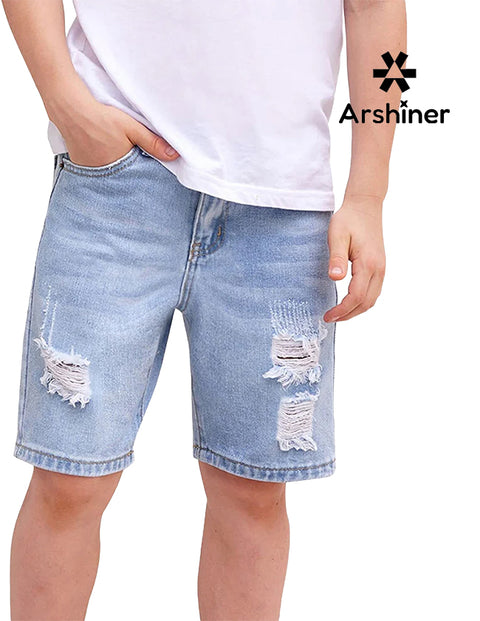 Arshiner Boys Ripped Denim Shorts Boys Straight Distressed Jeans Shorts Summer Casual Short with Pocket for Boys