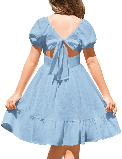 Arshiner Girls Tie Back Short Sleeve Ruffle Hem Off Shoulder Dresses