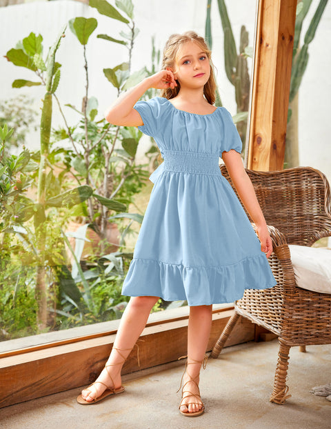 Arshiner Girls Tie Back Short Sleeve Ruffle Hem Off Shoulder Dresses