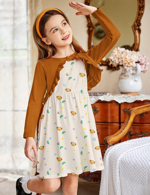 Arshiner Girl Floral Print Toddler Dress and Cardigan Sets