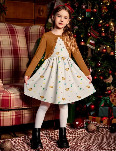 Arshiner Girl Floral Print Toddler Dress and Cardigan Sets