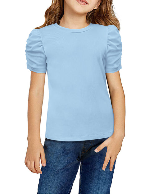 Arshiner Girls Puff Short Sleeve Shirts Summer Ribbed Knit Tee