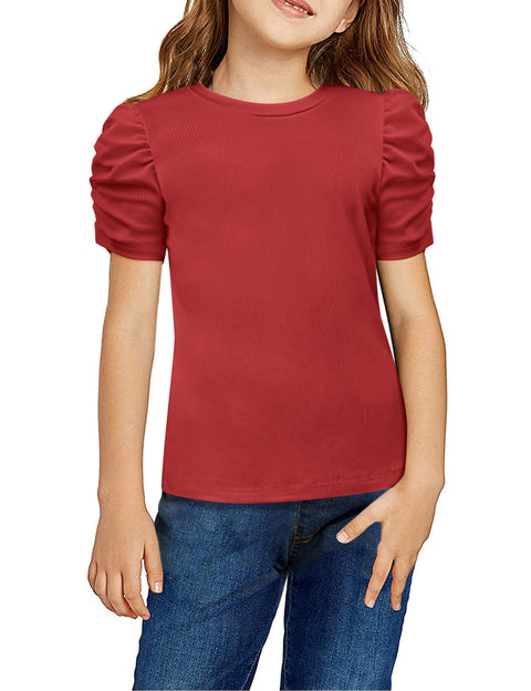 Arshiner Girls Puff Short Sleeve Shirts Summer Ribbed Knit Tee