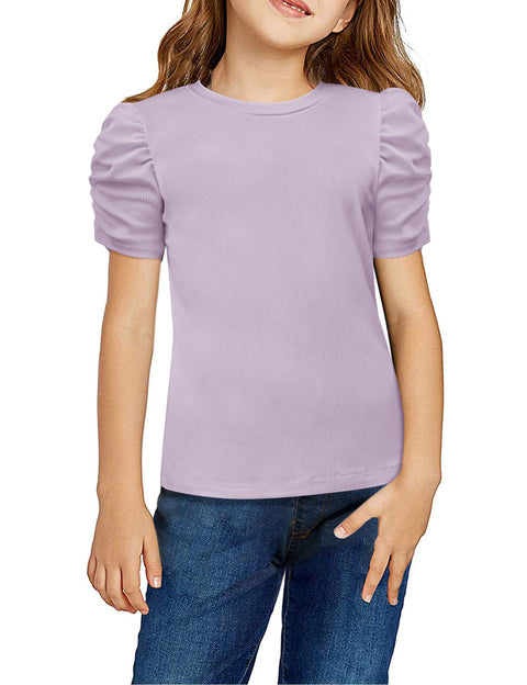 Arshiner Girls Puff Short Sleeve Shirts Summer Ribbed Knit Tee