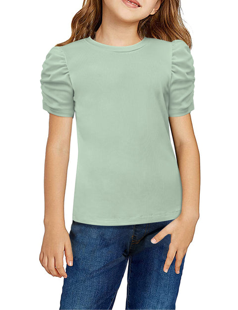 Arshiner Girls Puff Short Sleeve Shirts Summer Ribbed Knit Tee