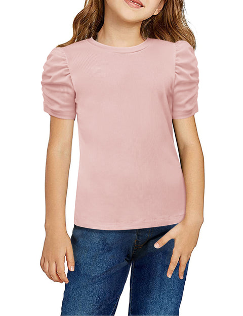 Arshiner Girls Puff Short Sleeve Shirts Summer Ribbed Knit Tee