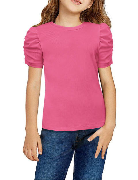 Arshiner Girls Puff Short Sleeve Shirts Summer Ribbed Knit Tee