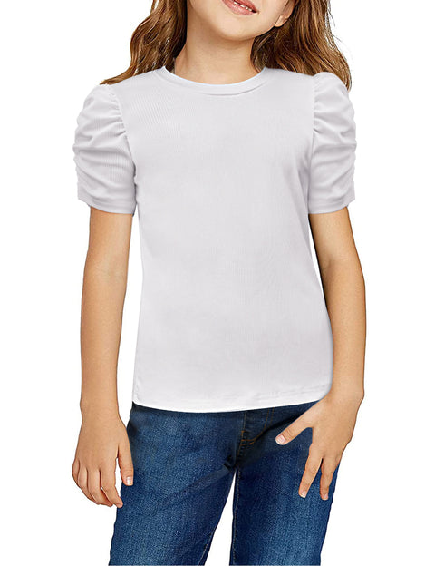 Arshiner Girls Puff Short Sleeve Shirts Summer Ribbed Knit Tee