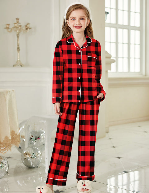 Arshiner Pajamas Set for Girls Plaid Long Sleeve Lounge Set