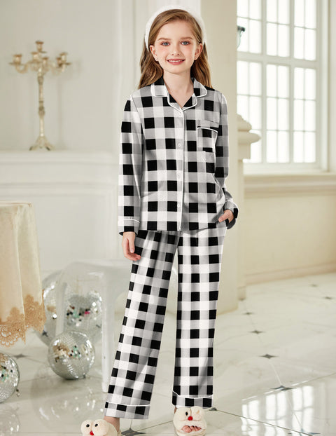 Arshiner Pajamas Set for Girls Plaid Long Sleeve Lounge Set