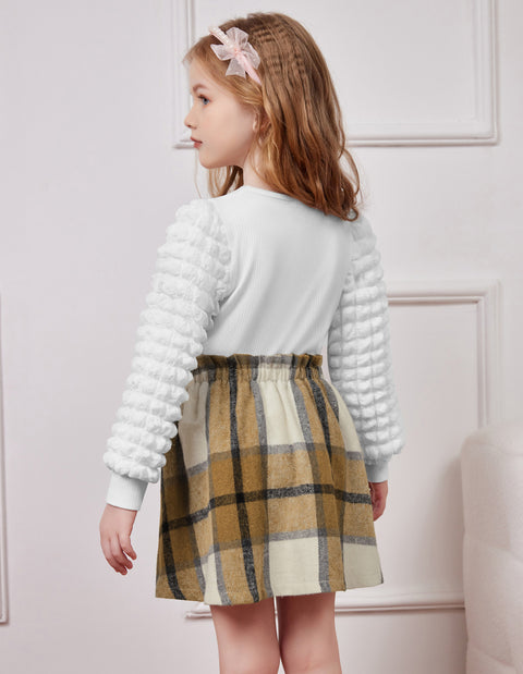 Arshiner Toddler Girl Skirt Set 2Pcs Outfits Puff Sleeve Knit Tops and Mini Skirt