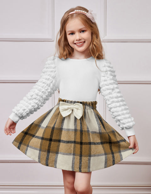 Arshiner Toddler Girl Skirt Set 2Pcs Outfits Puff Sleeve Knit Tops and Mini Skirt