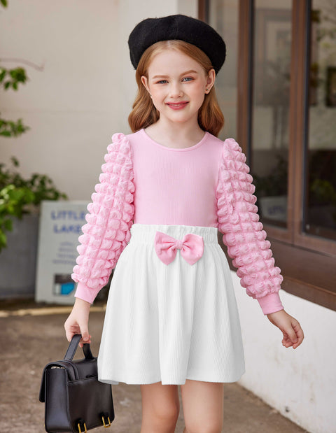 Arshiner Toddler Girl Skirt Set 2Pcs Outfits Puff Sleeve Knit Tops and Mini Skirt