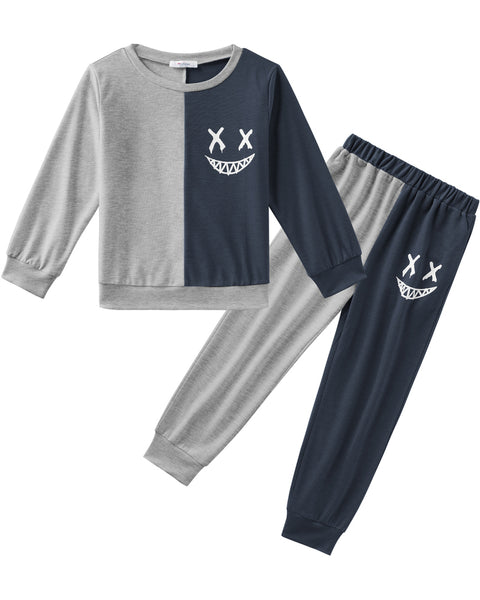 Arshiner Boys Cartoon Face Print Two Tone Sweatshirt and Pants Set