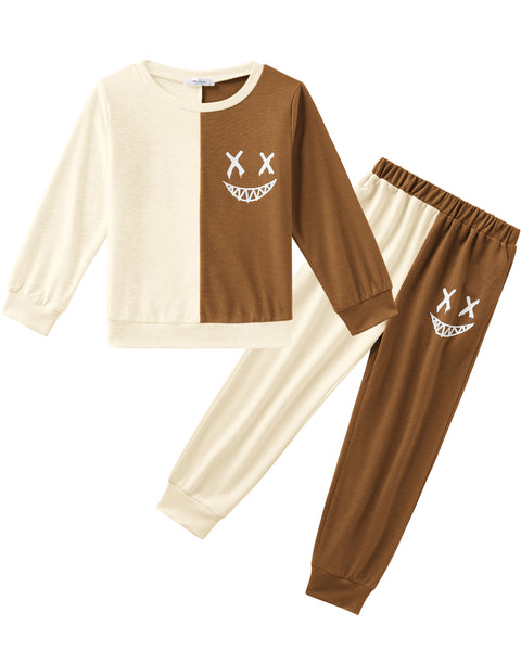 Arshiner Boys Cartoon Face Print Two Tone Sweatshirt and Pants Set