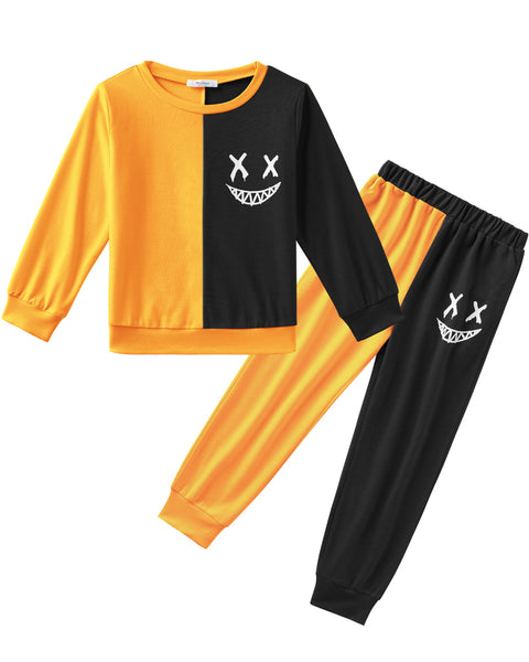 Arshiner Boys Cartoon Face Print Two Tone Sweatshirt and Pants Set