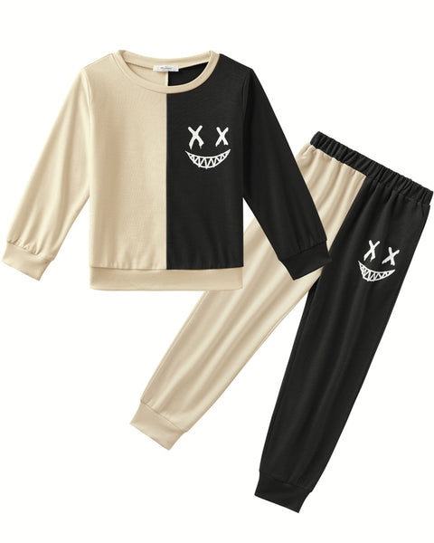 Arshiner Boys Cartoon Face Print Two Tone Sweatshirt and Pants Set