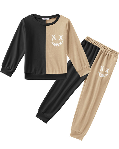 Arshiner Boys Cartoon Face Print Two Tone Sweatshirt and Pants Set