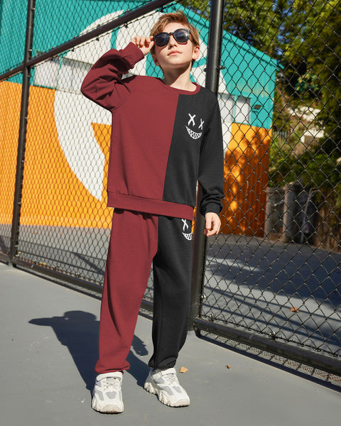 Arshiner Boys Cartoon Face Print Two Tone Sweatshirt and Pants Set