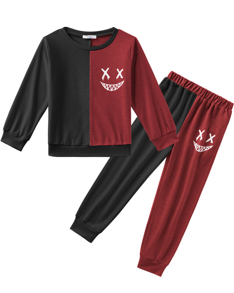 Arshiner Boys Cartoon Face Print Two Tone Sweatshirt and Pants Set