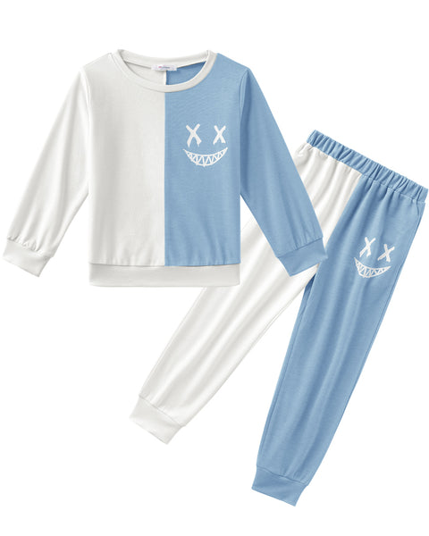 Arshiner Boys Cartoon Face Print Two Tone Sweatshirt and Pants Set