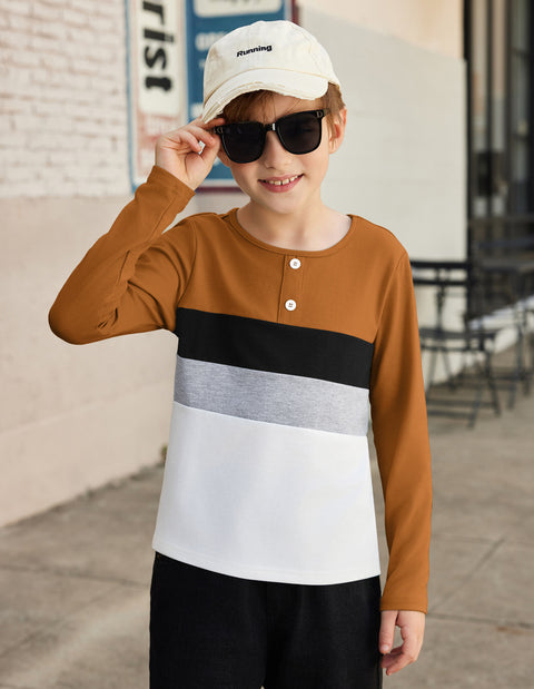 Arshiner Kids Boys Henley Shirts Cotton Long Sleeve T-Shirts Color Block Tee