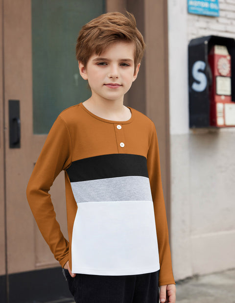 Arshiner Kids Boys Henley Shirts Cotton Long Sleeve T-Shirts Color Block Tee