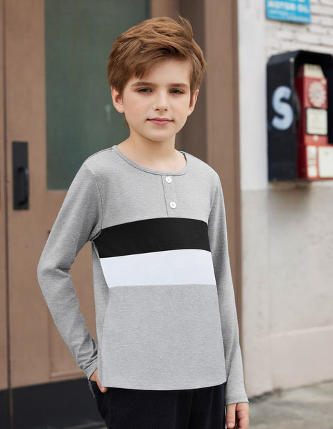 Arshiner Kids Boys Henley Shirts Cotton Long Sleeve T-Shirts Color Block Tee