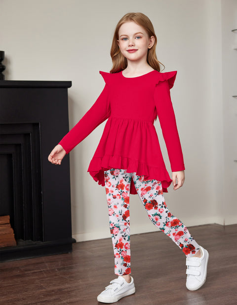 Arshiner Toddler Girl Ruffle Trim Long Sleeve Top and Floral Print Leggings Sets