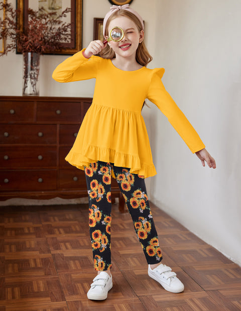 Arshiner Toddler Girl Ruffle Trim Long Sleeve Top and Floral Print Leggings Sets