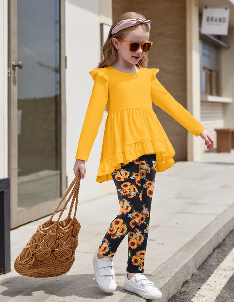 Arshiner Toddler Girl Ruffle Trim Long Sleeve Top and Floral Print Leggings Sets