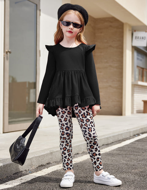 Arshiner Toddler Girl Ruffle Trim Long Sleeve Top and Floral Print Leggings Sets