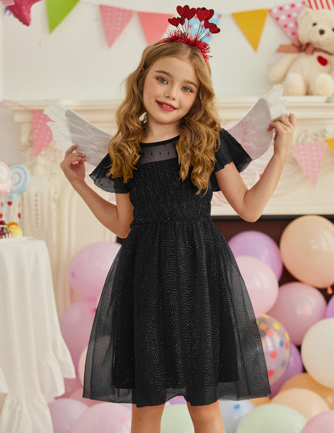 Arshiner Little Girl Dresses Contrast Mesh Ruffle Sleeve Princess Tulle Dress