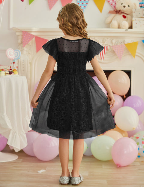 Arshiner Little Girl Dresses Contrast Mesh Ruffle Sleeve Princess Tulle Dress