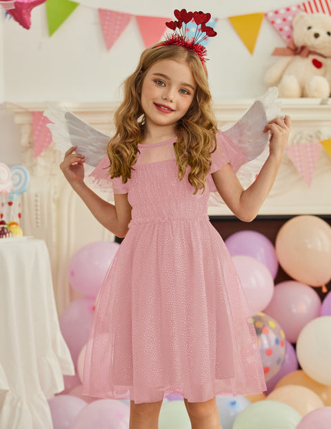 Arshiner Little Girl Dresses Contrast Mesh Ruffle Sleeve Princess Tulle Dress