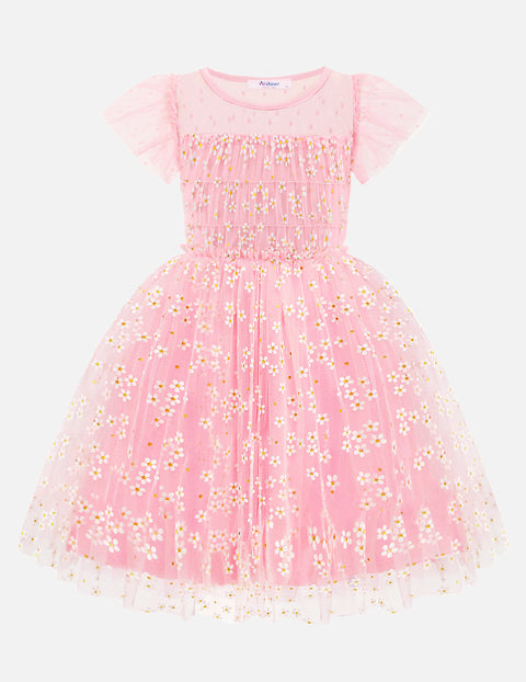Arshiner Little Girl Dresses Contrast Mesh Ruffle Sleeve Princess Tulle Dress