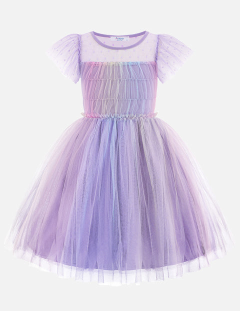 Arshiner Little Girl Dresses Contrast Mesh Ruffle Sleeve Princess Tulle Dress