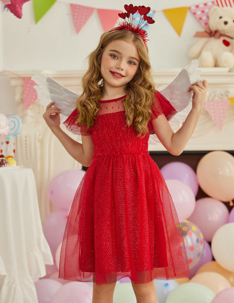 Arshiner Little Girl Dresses Contrast Mesh Ruffle Sleeve Princess Tulle Dress