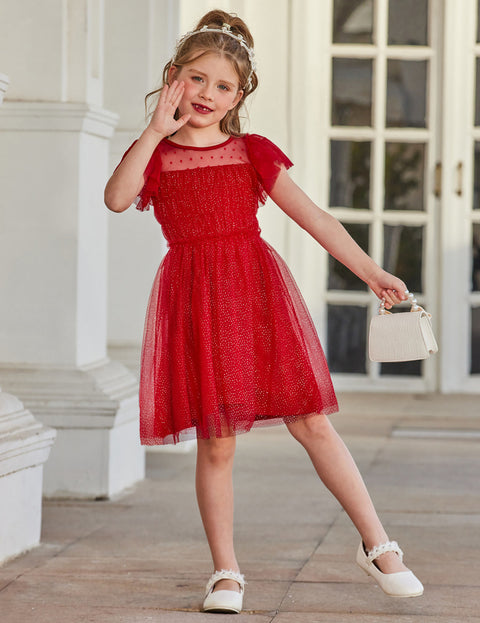 Arshiner Little Girl Dresses Contrast Mesh Ruffle Sleeve Princess Tulle Dress