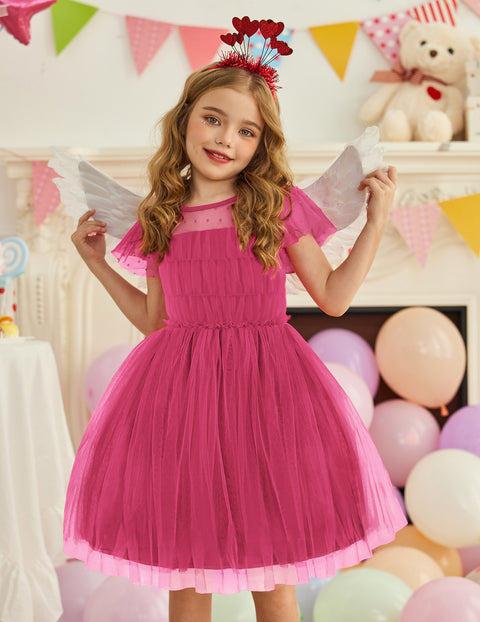Arshiner Little Girl Dresses Contrast Mesh Ruffle Sleeve Princess Tulle Dress