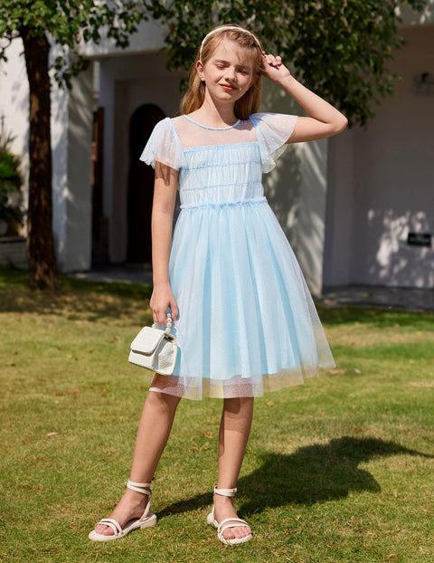 Arshiner Little Girl Dresses Contrast Mesh Ruffle Sleeve Princess Tulle Dress