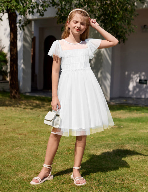 Arshiner Little Girl Dresses Contrast Mesh Ruffle Sleeve Princess Tulle Dress