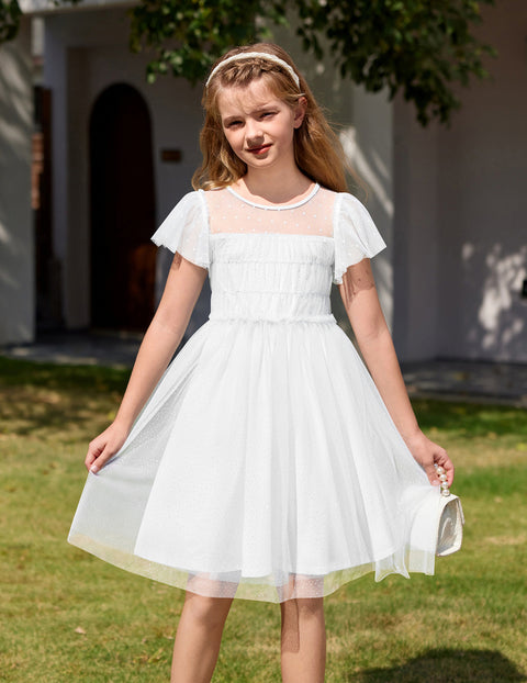 Arshiner Little Girl Dresses Contrast Mesh Ruffle Sleeve Princess Tulle Dress