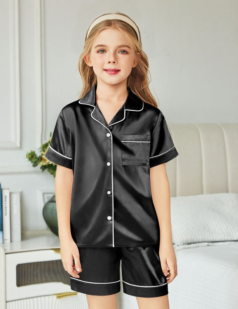 Arshiner Girls Pajamas Silk Satin Pajama Sleepwear Button Down Pj Set