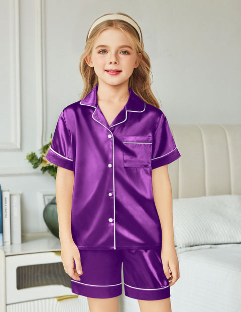 Arshiner Girls Pajamas Silk Satin Pajama Sleepwear Button Down Pj Set