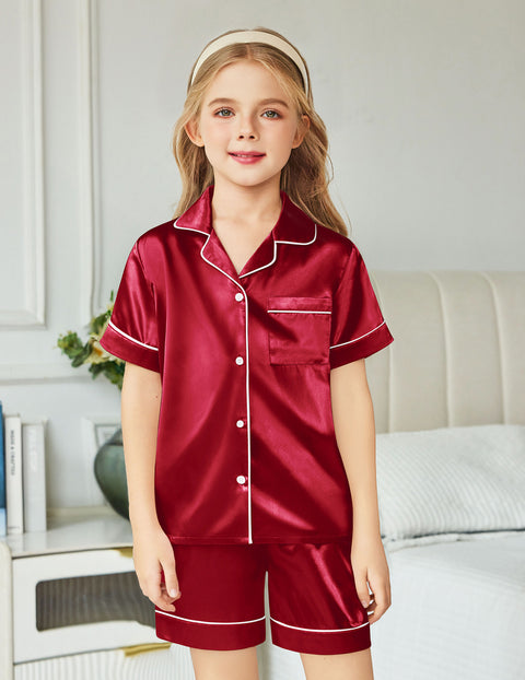 Arshiner Girls Pajamas Silk Satin Pajama Sleepwear Button Down Pj Set
