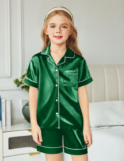 Arshiner Girls Pajamas Silk Satin Pajama Sleepwear Button Down Pj Set