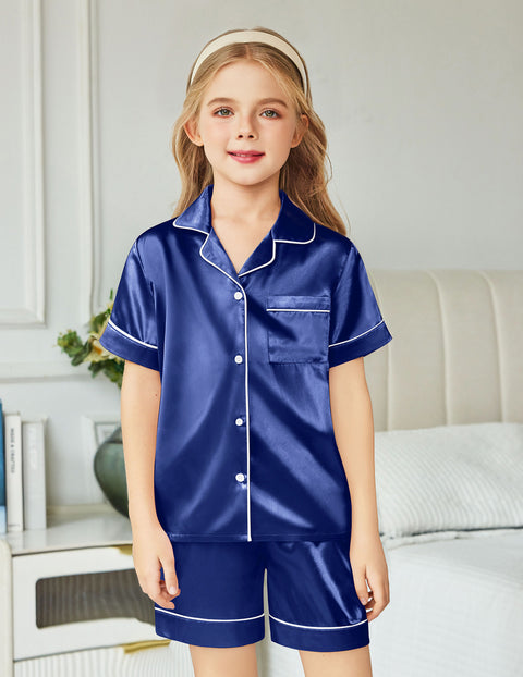 Arshiner Girls Pajamas Silk Satin Pajama Sleepwear Button Down Pj Set