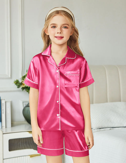 Arshiner Girls Pajamas Silk Satin Pajama Sleepwear Button Down Pj Set