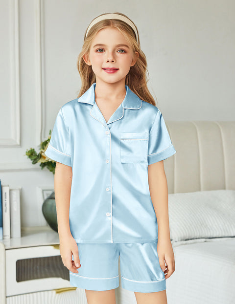 Arshiner Girls Pajamas Silk Satin Pajama Sleepwear Button Down Pj Set